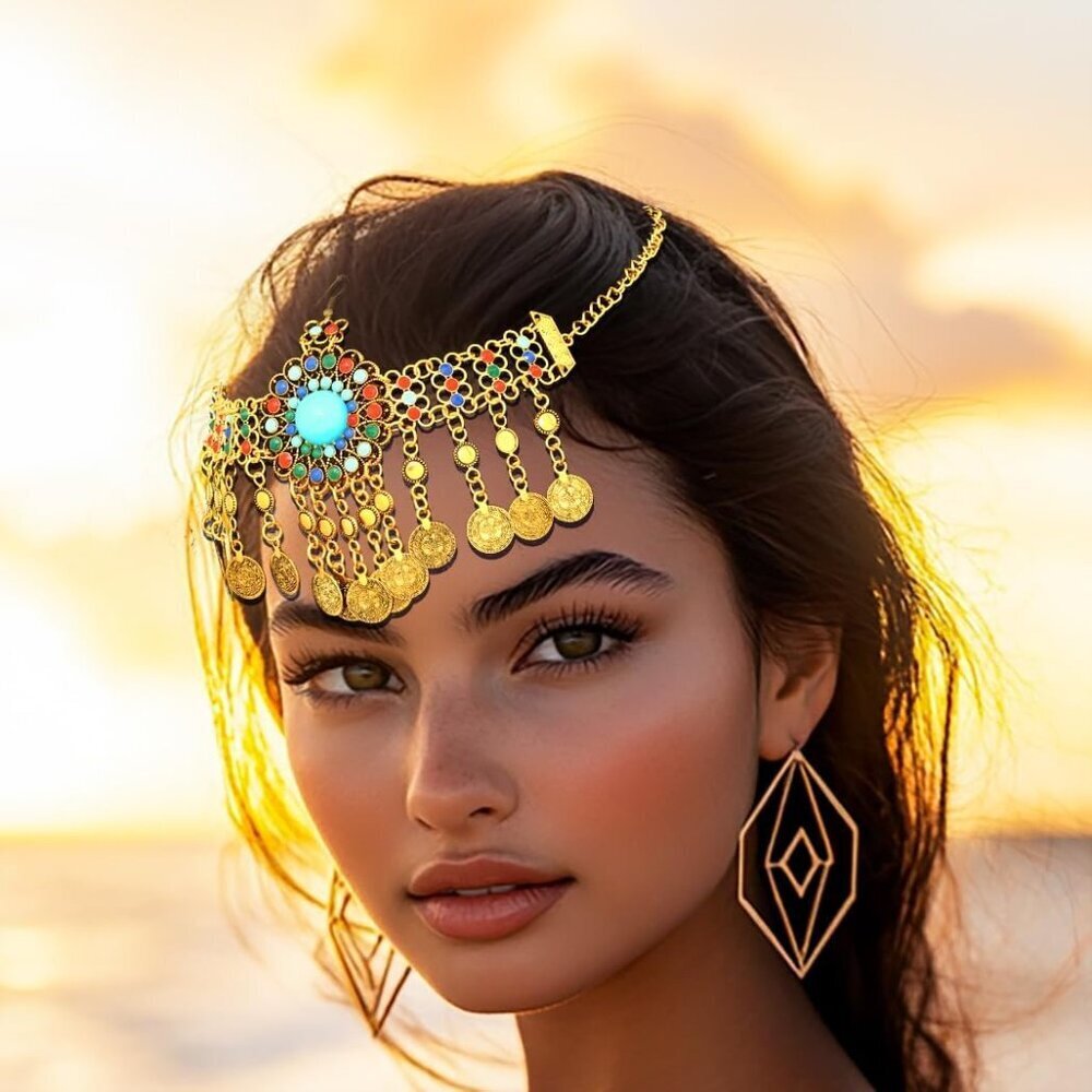 Boho Gold Head Chain Coins Headpiece Jewelry Festival Accessory for Women Girls - Picture 6 of 7